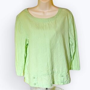 Choices Lime Green 100% Linen Pullover Blouse 3/4 Sleeve Cute Button Detail ~ L